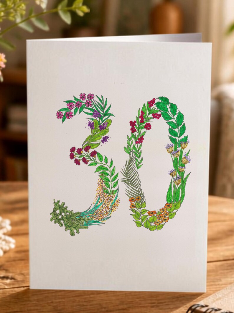 30th Birthday Card, Hand-Drawn Botanical Number 30, Floral Age Card - Thirty - Into Her Own image 2