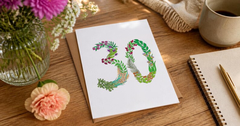 30th Birthday Card, Hand-Drawn Botanical Number 30, Floral Age Card - Thirty - Into Her Own image 3