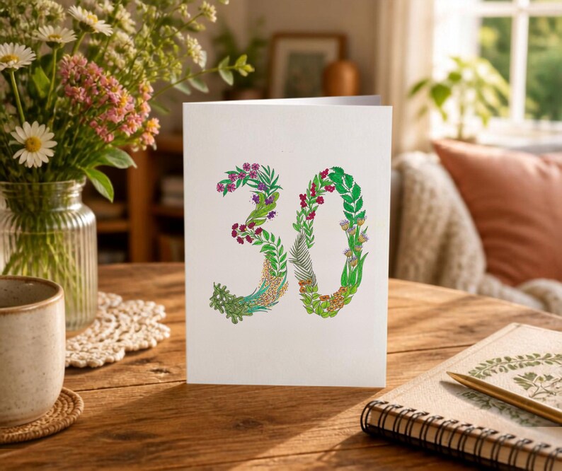 30th Birthday Card, Hand-Drawn Botanical Number 30, Floral Age Card - Thirty - Into Her Own image 1
