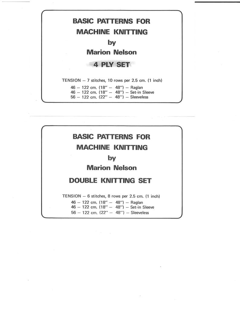 May include: Two white rectangular information cards with black text titled Basic Patterns for Machine Knitting by Marion Nelson. The top card details a 4 Ply Set with tension and size ranges from 46 to 122 cm. The bottom card details a Double Knitting Set.