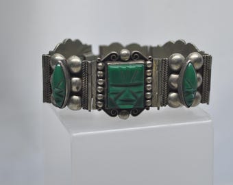 Vintage Alpaca Silver Green Onyx Aztec Mask Bracelet Signed Mexico 64g
