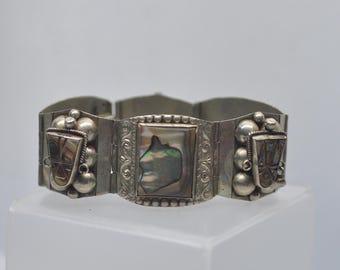 Vintage Mexico Aztec Warrior Abalone Panel Bracelet Stamped AR Sterling 925