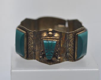 Vintage Mexico Aztec Warrior Green Onyx Gold Washed Panel Bracelet Sterling 925