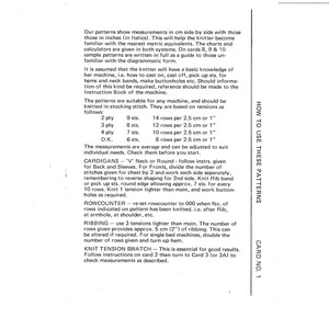 May include: A white instructional card labelled CARD NO. 1 with the heading HOW TO USE THESE PATTERNS. The text provides guidelines for machine knitting, including tension settings for 2, 3, 4 ply and D.K. yarn, row counter usage, and ribbing instructions.