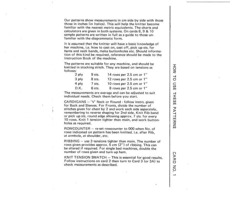 May include: A white instructional card labelled CARD NO. 1 with the heading HOW TO USE THESE PATTERNS. The text provides guidelines for machine knitting, including tension settings for 2, 3, 4 ply and D.K. yarn, row counter usage, and ribbing instructions.