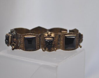 Vintage Alpaca Silver Black Onyx Aztec Mask Gold Washed Bracelet Signed Mexico