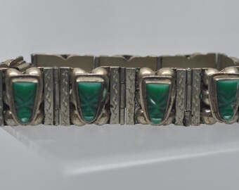 Vintage Alpaca Silver Green Onyx Aztec Mask Bracelet Signed Mexico