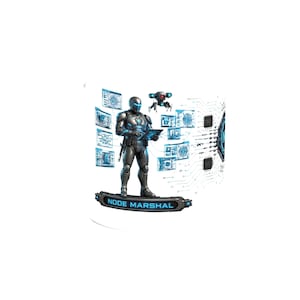 May include: A white ceramic mug featuring a graphic of a futuristic armored figure in dark gray plating with glowing blue accents. The figure stands on a platform labeled NODE MARSHAL, surrounded by floating digital data screens and a small drone.