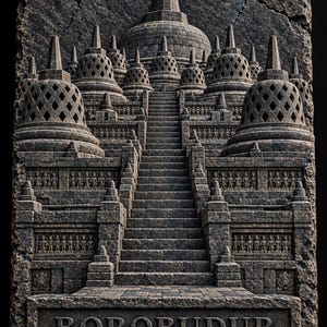 May include: A rectangular stone relief carving depicting the Borobudur temple in Java, Indonesia. The sculpture features a central staircase leading to a large stupa, surrounded by smaller bell-shaped stupas and rows of carved figures on a textured base.