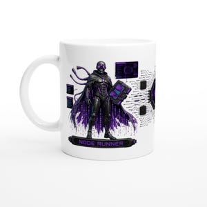 Cyberpunk Hacker Ceramic Mug, Biomechanical Runner Coffee Cup, Futuristic Sci-Fi Gaming Mug, NeonRelic Symmetrical Purple Code Tea Cup