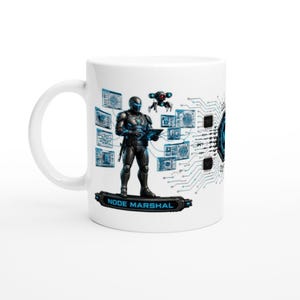 Cyberpunk Marshal Ceramic Mug, Biomechanical Director Coffee Cup, Futuristic Sci-Fi Gaming Mug, NeonRelic Symmetrical Cyan Code Tea Cup