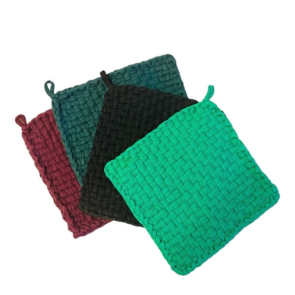 Jewel Tone Large Potholder, Emerald, Ruby, 100% Cotton, handcrafted, Loom Woven Potholder, Thick, handmade, Green, Burgundy, Durable Series