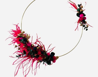 Stylish Hot Pink & Emerald Green Gold Hoop wreath, handmade, feathers, pompoms, gold berries, emerald eucalyptus, elegant