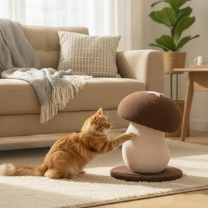 Peut inclure: Un griffoir pour chat en forme de champignon avec un chapeau texturé marron foncé orné d'une étoile blanche et un pied de couleur crème. La structure repose sur une base circulaire marron foncé, offrant une surface stable pour le chat.