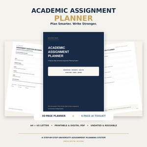Op de afbeelding: Een academische opdrachtenplanner met een donkerblauwe omslag met de tekst Academic Assignment Planner, A Step by Step University Assignment Planning System, en een lijst met stappen waaronder Understand, Research, Analyze, Structure, Write, Review.