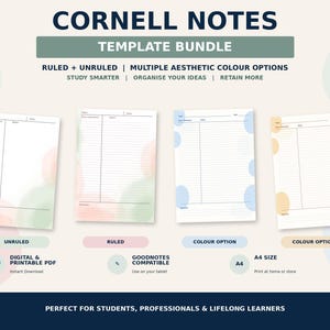 Może przedstawiać: Zestaw szablonów do notatek Cornell zawierający cztery strony w formacie A4 z układami w linie i bez linii w różnych pastelowych kolorach. Tekst głosi CORNELL NOTES TEMPLATE BUNDLE, RULED + UNRULED, MULTIPLE AESTHETIC COLOUR OPTIONS, STUDY SMARTER, ORGANISE YOUR IDEAS.