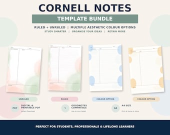 Cornell Notes Template Bundle, Ruled & Unruled, Aesthetic Study PDF for GoodNotes