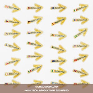 May include: A collection of yellow watercolor arrow stickers, each featuring a small national flag and the text "BUEN CAMINO" in blue. The arrows are arranged in a grid pattern, showcasing various international flags on a white background.