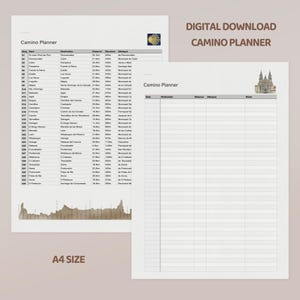 May include: A digital Camino Planner document in A4 size. The left page features a table with columns for stage, start, destination, distance, elevation, and albergue. The right page is a blank planner with columns for date, destination, distance, albergue, and notes.