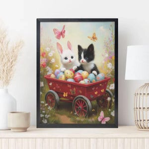Black and white kitten and bunny in carriage Easter poster frame, floral cat and Easter eggs print, spring wall mural cute Easter decor