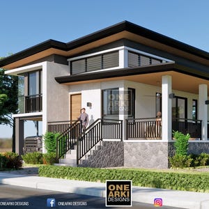 May include: A two-story house design featuring a flat roof, white walls, and a stone-clad base. The exterior includes a wrap-around porch with black railings, large windows, and a wooden front door. The text ONE ARKI DESIGNS is visible on the facade.