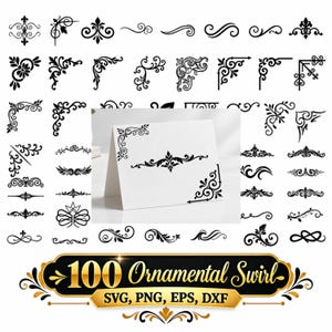 Op de afbeelding: Een collectie van 100 zwarte ornamentale krulontwerpen, inclusief diverse hoekversieringen, verdelers en scrollpatronen. Een witte gevouwen kaart toont twee van deze zwarte krulornamenten op de voorzijde als visuele referentie.