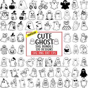 May include: A collection of 120 black and white line art ghost illustrations featuring various activities and accessories. The central text reads CUTE GHOST SVG BUNDLE 120 DESIGNS SVG-PNG-DXF-EPS. The ghosts are depicted with pumpkins, hats, books, and drinks.