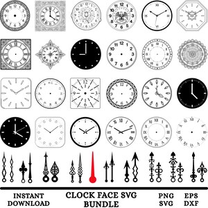 Puede incluir: Una colección digital de veinticinco diseños variados de esferas de reloj y diversos estilos de manecillas en blanco y negro. El conjunto gráfico incluye formas circulares, cuadradas y octogonales con números romanos, arábigos y marcas minimalistas. Texto: CLOCK FACE SVG BUNDLE INSTANT DOWNLOAD PNG SVG EPS DXF.