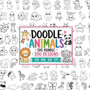 Puede incluir: Una colección digital de 200 ilustraciones de animales en blanco y negro con una etiqueta rectangular central con el texto DOODLE ANIMALS SVG BUNDLE 200 DESIGNS. El conjunto incluye varios animales como leones, elefantes y aves.