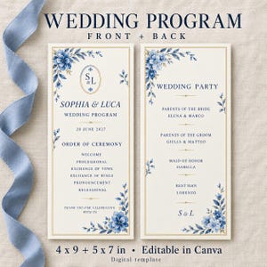 Blauw bloemen trouwprogramma sjabloon, bewerkbaar Canva-ontwerp in de formaten 4x9 en 5x7 inch.