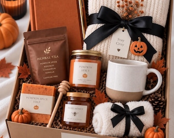 Cajas de regalo acogedoras de otoño, caja de regalo de autocuidado de Halloween, cesta de regalo espeluznante, paquete de cuidado acogedor de Halloween, caja de regalo de otoño, regalo de Halloween para ella