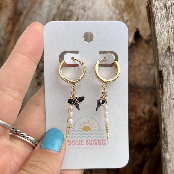 Gold Shark Bite Pearl Earrings I Water Resistant Ocean Jewelry I Shark Tooth Earrings | Pearl Beach Earrings | Handmade Sharks Teeth Jewelry
