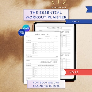 Op de afbeelding: Een digitale workoutplanner weergegeven op een tabletscherm en een geprint vel, getiteld The Essential Workout Planner for Bodyweight Training in 2026. De lay-out bevat secties voor focus, oefeningen, rondes, mobiliteit en cooling-down.