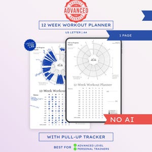 Op de afbeelding: Een 12-weken workoutplanner met een pull-up tracker, voorzien van een cirkelvormig diagram en een wekelijkse checklist. Het document is in US Letter- en A4-formaat, ontworpen in Zweden, en bevat secties voor notities en dagelijkse voortgang.