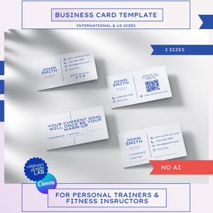Könnte beinhalten: Ein Visitenkarten-Vorlagenset für Personal Trainer und Fitness-Instruktoren mit weißen Karten und blauem Text. Die Karten zeigen den Namen John Smith, Kontaktdaten, Social-Media-Symbole, einen QR-Code und den Text Your current goal will once be your warm-up.