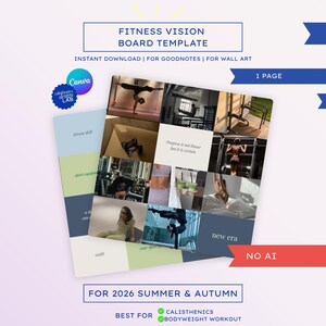Op de afbeelding: Een fitness vision board sjabloon voor zomer en herfst 2026 met een collage van oefenfoto's, waaronder handstanden en fitnessapparatuur. Het ontwerp bevat tekst zoals Fitness Vision Board Template, Progress is not linear but it is certain en new era, met blauwe en rode banners die 1 pagina, 3 formaten en geen AI aangeven.