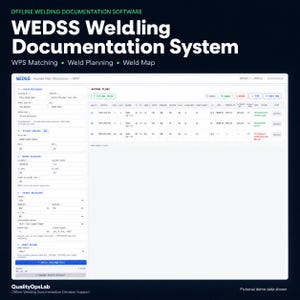 May include: The WEDSS Welding Documentation System interface displays a digital dashboard for weld planning and mapping. The screen features input fields for project details, technical specifications, and a table showing weld data, status, and documentation links.