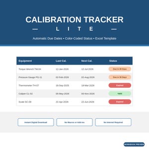 Może przedstawiać: Cyfrowy szablon Excel Calibration Tracker Lite z niebieskim nagłówkiem i białym tekstem. Tabela przedstawia nazwy sprzętu, daty ostatniej i następnej kalibracji oraz oznaczone kolorami wskaźniki statusu, takie jak Expired i Valid.