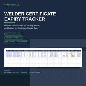 Puede incluir: Un libro de trabajo de Excel digital para el seguimiento de certificados de soldador con fondo azul oscuro y texto verde. La interfaz muestra una hoja de cálculo con columnas para detalles del soldador, números de certificado y fechas de vencimiento.