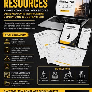 以下が含まれることがあります： Kendle Construction Solutionsのデジタルマーケティング画像。ノートパソコン、タブレット、スマートフォンに建設リソースのテンプレートが表示されています。黒と黄色のレイアウトには、現場フォーム、チェックリスト、安全書類のテキストリストが含まれています。