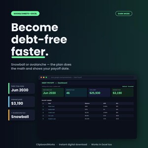 May include: A digital debt payoff dashboard for Google Sheets and Excel featuring a dark mode interface. The screen displays financial metrics including debt-free date, months to go, total debt, interest paid, and a payoff order table with debt types.