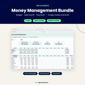 Op de afbeelding: Een digitaal financieel beheerpakket voor Google Sheets en Excel met een jaarlijks dashboard voor het bijhouden van inkomsten, uitgaven en besparingen. De interface toont een budgetoverzicht voor 2026 met maandelijkse uitgavencategorieën.