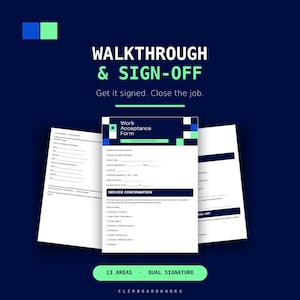 May include: A digital document template titled Work Acceptance Form with a dark blue background, light green accents, and white text. The form includes fields for client information, service agreement details, and a service confirmation checklist.