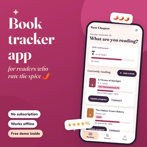 May include: A smartphone displaying a book tracker app interface with a dark magenta background. The screen shows reading goals, current books like A Throne of Starlight, progress bars, and navigation tabs for reading, shelves, and statistics.