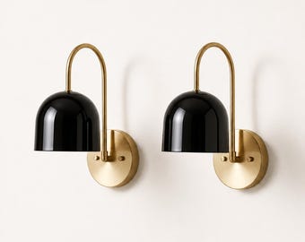 Modern Black & Brass Dome Wall Sconce – Elegant Curved Arm Wall Light,Handmade Dome Wall Sconce, Brass Wall Light, Mid Century Modern Sconce