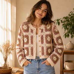 May include: A long-sleeve crochet cardigan featuring a granny square pattern in cream, dusty rose, and muted olive green. The garment has a round neckline, a button-down front with small wooden buttons, and a cropped length with ribbed cuffs.