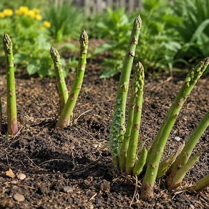 May include: Several bright green asparagus spears emerging from dark brown soil. The stalks are cylindrical with tight, scaly tips, showing varying heights as they grow upward from the ground in a garden setting with blurred green foliage.
