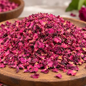 May include: A large mound of dried, deep pink and magenta rose petals piled high on a circular, dark brown wooden plate. The petals are small, crinkled, and varied in shade, showing hints of yellow at the base of some individual pieces.