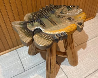 Handmade Hand Carved Bluegill Fish Side Table – Rustic Wood Cabin Lodge Decor Cma