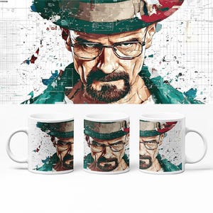 Może przedstawiać: Trzy białe ceramiczne kubki z grafiką przedstawiającą mężczyznę z kozią bródką, w okularach i kapeluszu. Projekt zawiera paletę kolorów morskich i czerwonych z tłem w kratkę, prezentującą szczegółowy portret postaci.